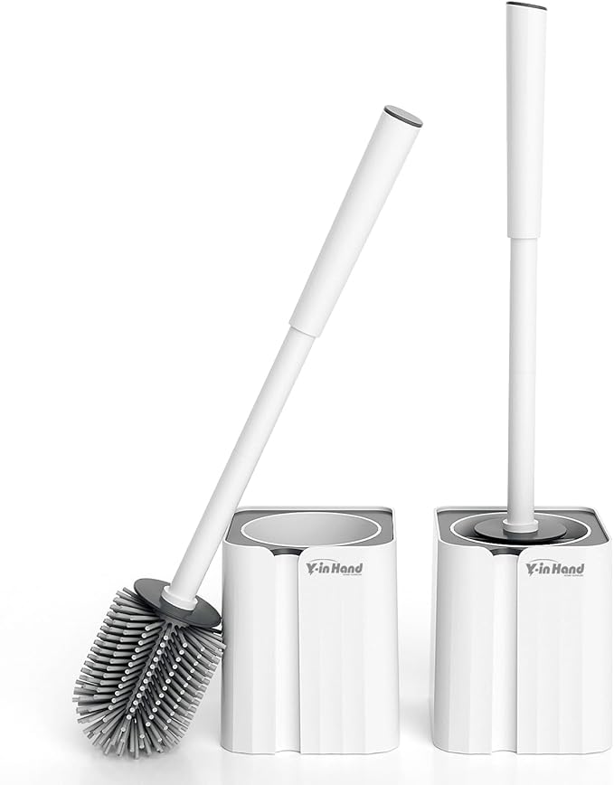 2 Pack Silicone Toilet Brush, Soft Toilet Bowl Cleaner Brush Set for Deep Cleaning. Bathroom Accessories with Long Handle, Wall mountable. - White
