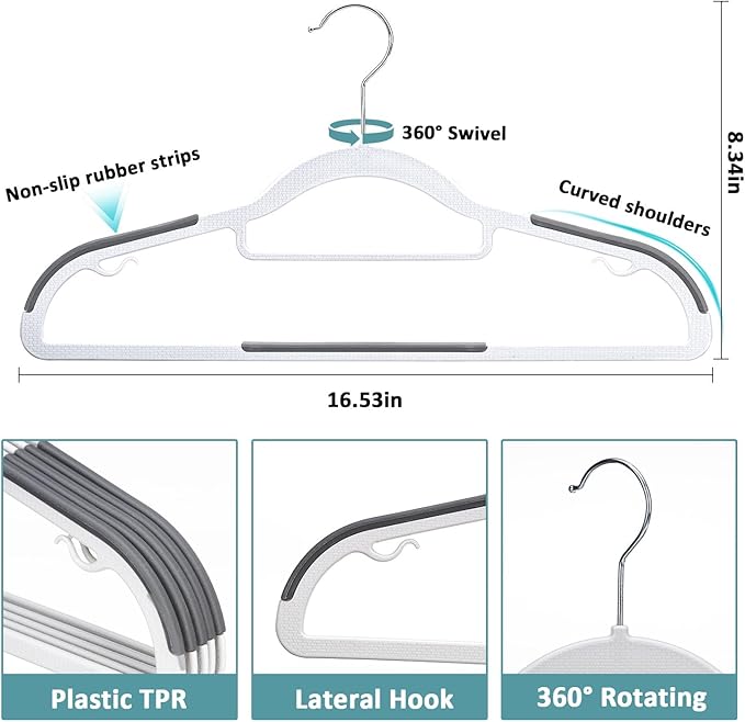 Tonswachic 50-Pack Coat Hangers, Space Saving Plastic Clothes Hangers, Non-Slip, 0.2 Inches Slim, 16.53 Inches Wide, 360° Swivel Silver Hook for Shirts, Pants & Wet/Dry Garments, White and Dark Gray