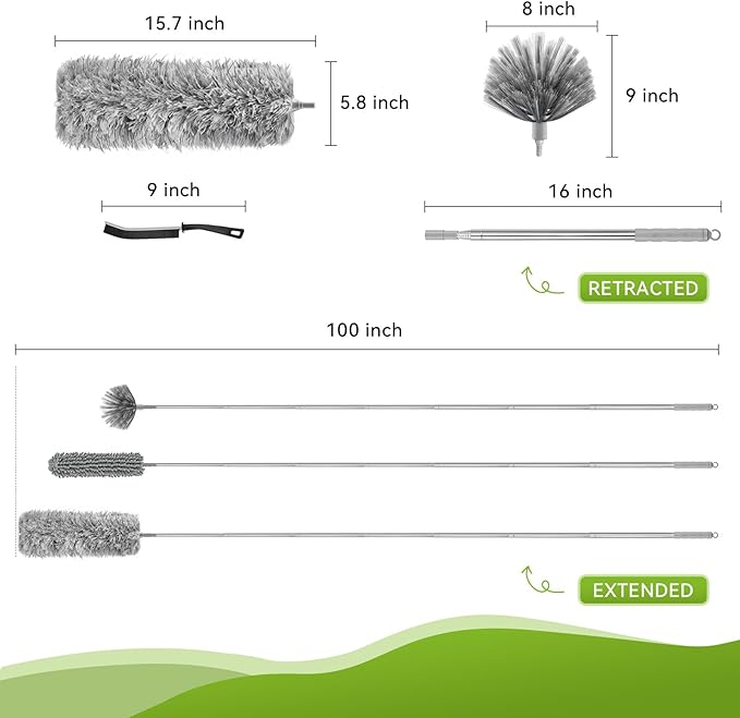 7-Piece Microfiber Feather Duster Set with Extension Pole (16.1" to 100"), Extendable Cobweb & Ceiling Fan Duster for Cleaning Cobweb, Ceiling Fan, Blind, Furniture