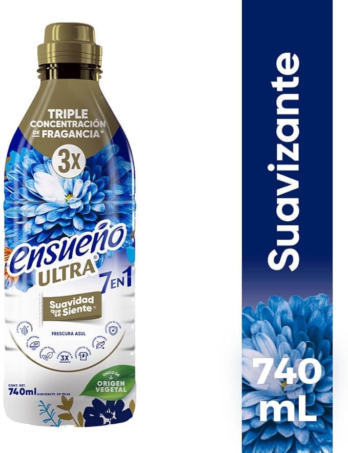ENSUEÑO Ultra 7-in-1 Fabric Softener, Frescura Azul, Triple Fragrance Concentration, 740ml, 3 Pack