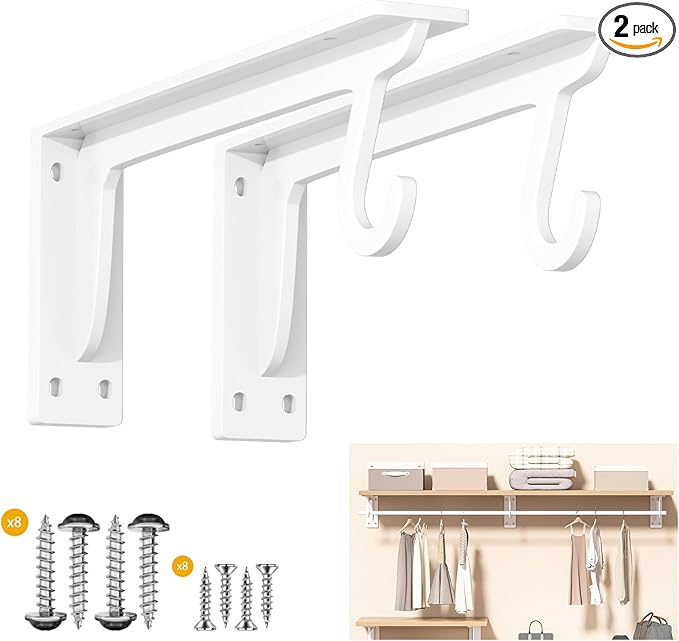 Closet Rod Support Bracket White WYGWP 13.5 inch Heavy Duty Shelf Brackets with Rod Holders Support 400lbs Wall Mounted Sturdy 2 Pack