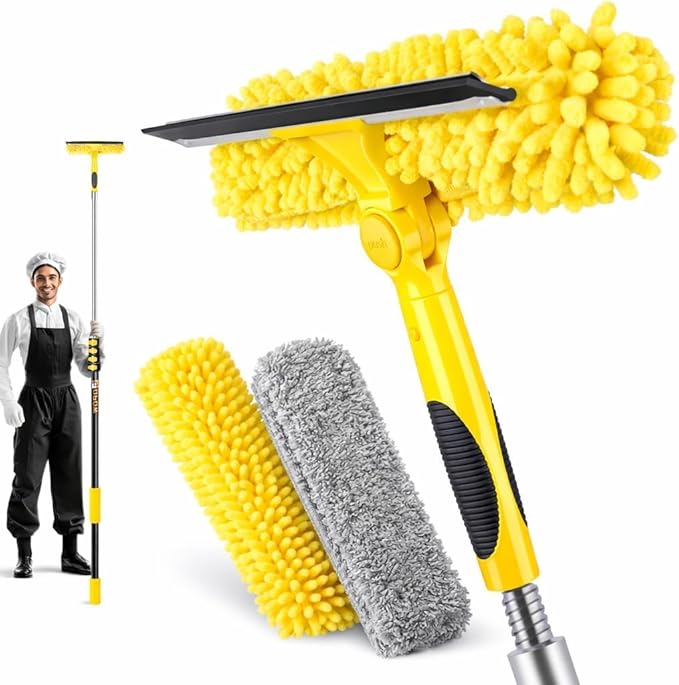 36FT High Reach Window Squeegee with Extension Pole, 2-1 Window Washing Kit with 8-Stage Telescopic Pole & Rotatable Head, No-Ladder Window Cleaner for High Window, Solar Panel, RV & Outdoor Glass