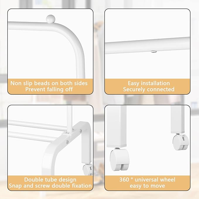 Rolling Clothes Rack Metal Clothing Rack with Wheels Garment Rack with Bottom Shelf for Hanging Clothes Shirts Jeans and Coats White