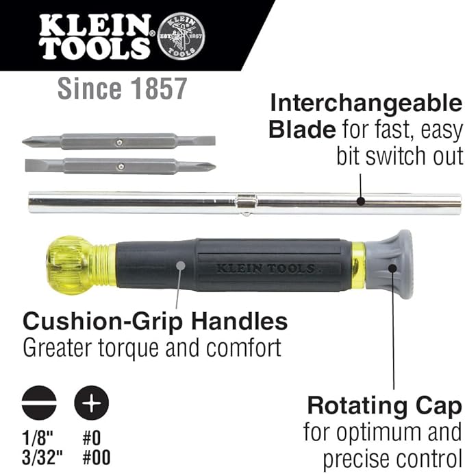 Klein Tools 32581 4-in-1 Electronics Screwdriver Set with 2 Slotted, 2 Phillips Precision Machined Bits, Ideal for Terminal Blocks