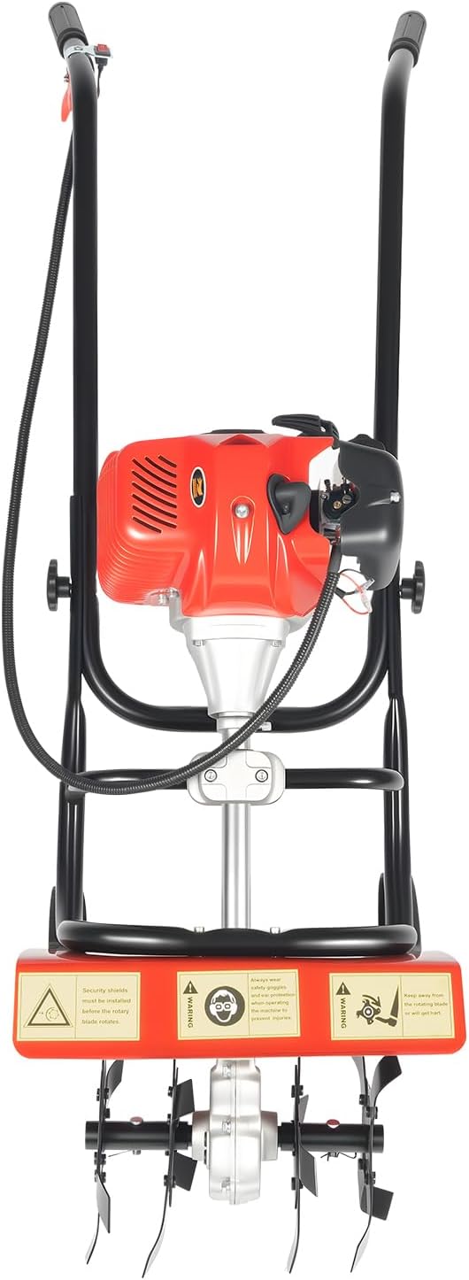 Gas Power Tiller Cultivator 52CC 2 Stroke, Gasoline Powered Garden Farmyard Tiller Air-Cooled Single Cylinder Gasoline Engine Tilling Tool, for Lawn, Field and Home