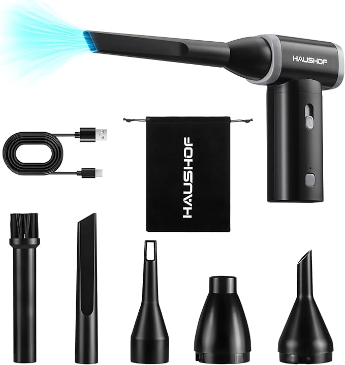 HAUSHOF 8V Mini Electric Air Duster-110,000RPM High Power Compressed Air blower, Rechargeable Brushless Motor Durable Cleaner, Variable Speed Dust Blower for Computer, PC Keyboard, Electronics, Car...