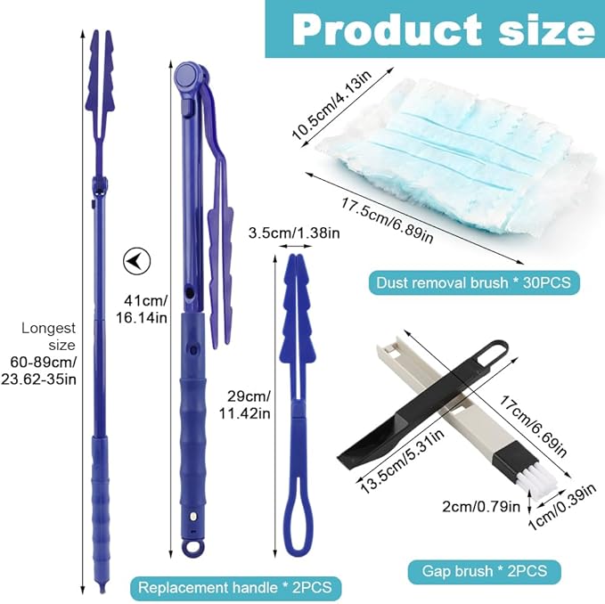 Dusters Starter Kit, 30 pcs Microfibers Duster Refills with 2 Extendable Handle and 2 Mini Crevice Cleaning Brush, Disposable Multi Surface Dusters for Cleaning Home (Color:Blue)