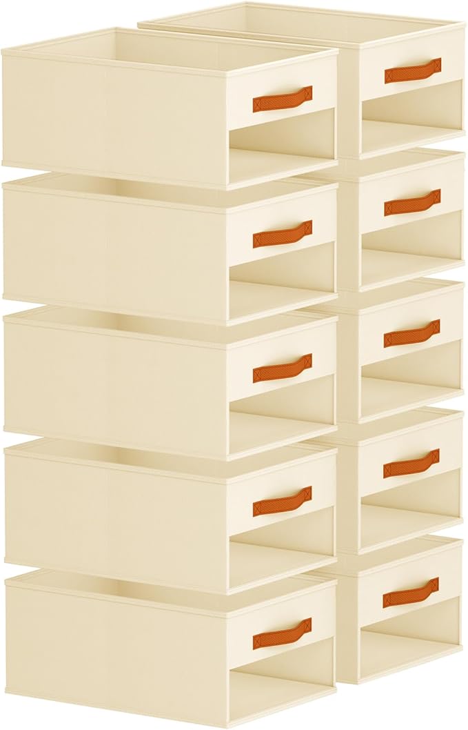 Homsorout Drawer Organizers and Storage - 10 Pack Foldable Pants Organizer with Clear Window & Handles, Fabric Closet Organizer for Clothes, Jeans, Sweaters, Towels, T-shirt, Scarf (Beige)