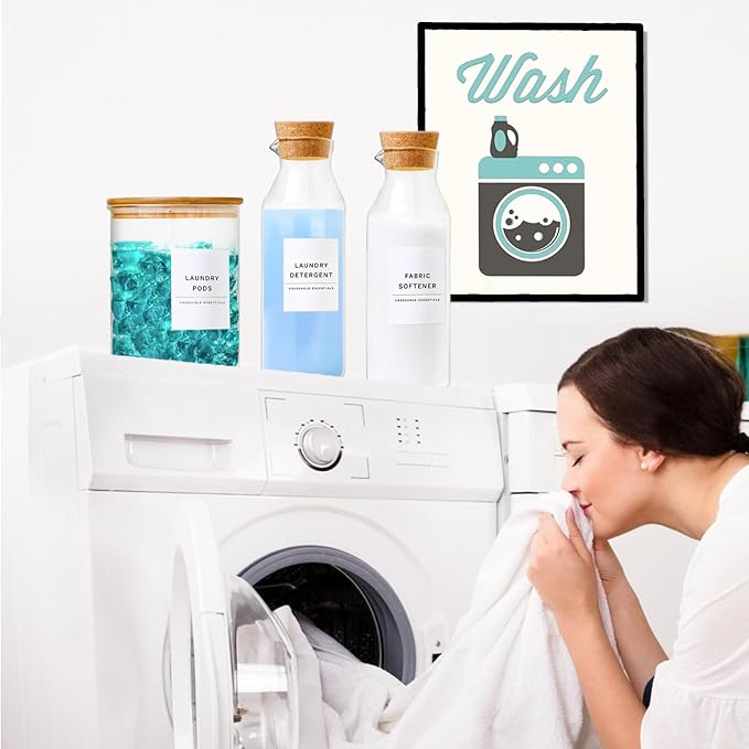 KOSKIMER Glass Laundry Detergent Dispenser Set, Liquid Detergent Containers, Scent Booster & Bleach Dispenser for Laundry Room (2 Bottles & Jar)
