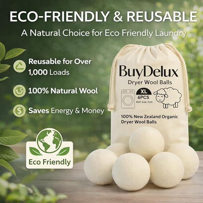 Wool Dryer Balls 6 Pack XL 7cm, 100% New Zealand Wool, Reusable 1000+ Loads, Natural Fabric Softener Alternative, Helps Reduce Drying Time, Static and Wrinkles, Baby Safe