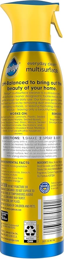 Pledge pH-Balanced Multisurface Spray, Gently Clean 101 Surfaces, Remove Dust and Messes, No Residue - Rainshower Scent, 9.7oz, Pack of 3