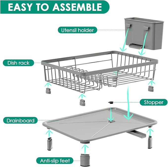 GAOKASE Dish Drying Rack, Stainless Steel-Dish Rack, Dish Racks for Kitchen Counter, Kitchen Dish Drainers with Removable Utensil Holder,New Drain Outlet,Plate Rack and Drainboard,(gray-11 W x 15" L)