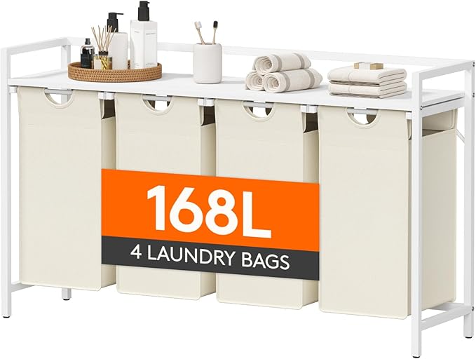 Lifewit Laundry Hamper 4 Section, 168L Pull out Laundry Clothes Basket Organizer with Large Top Shelf and 4 Removable Bags and Handles for Laundry Room Bedroom Bathroom, White with A Shelf