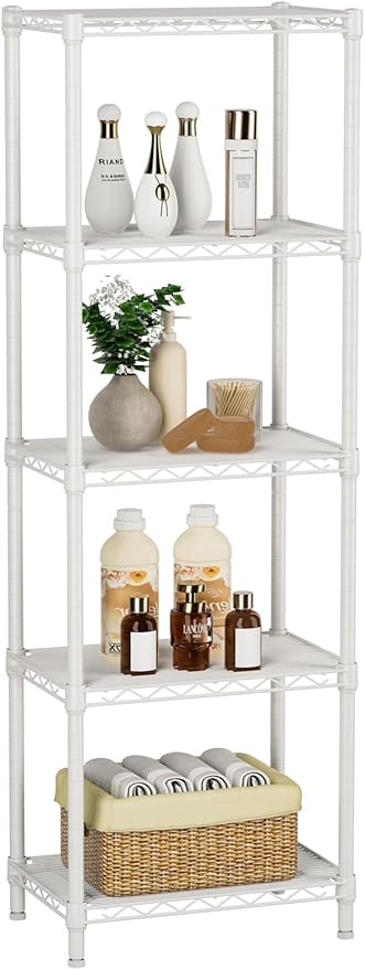 Golpart Small 5 tire Shelves Storage Wire Shelving Unit Metal Shelf Adjustable Organizers Storage Shelving for Bathroom Laundry Room Kitchen Pantry10”D x 16”W x 55”H White