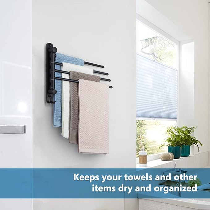 Black Towel Rack JSVER Swivel Towel Rack Wall Mounted, SUS304 Stainless Steel Towel Bar, 4 Arms Space Saving Towel Holder, Towel Racks for Bathroom
