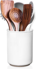 LoeJan 6.7" Utensil Holder, Ceramic Kitchen Utensil Holder with Cork Bottom, Large Utensil Crock for Countertop, Vintage Cooking Tool Organizer Set for Kitchen Counter Decor(White)
