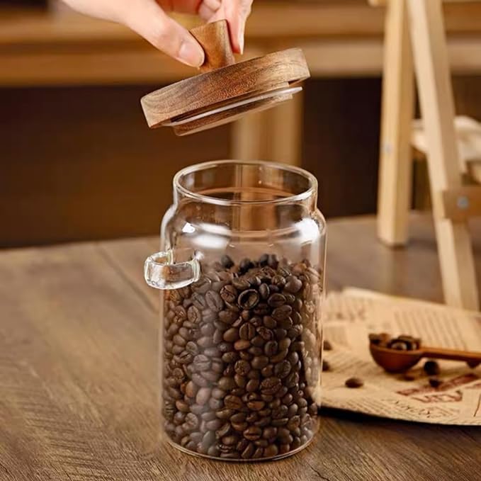 ANSQU Set of 2 Glass Food Storage Jars with Bamboo Wood Lid and Spoon, 20.3oz Glass Kitchen Canisters for Coffee, Tea, Cereal, Spice and Canning, Mason Jars, Gratitude Jar for Mother' Day