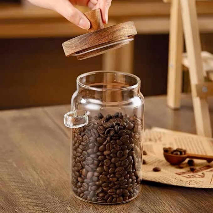 ANSQU Glass Jar with Wooden Lid and Spoon, 20.3oz Food Storage Containers Coffee Jar Coffee Grounds Container, Glass Food Storage Canister, Gratitude Jar for Mother' Day (1 Pack)