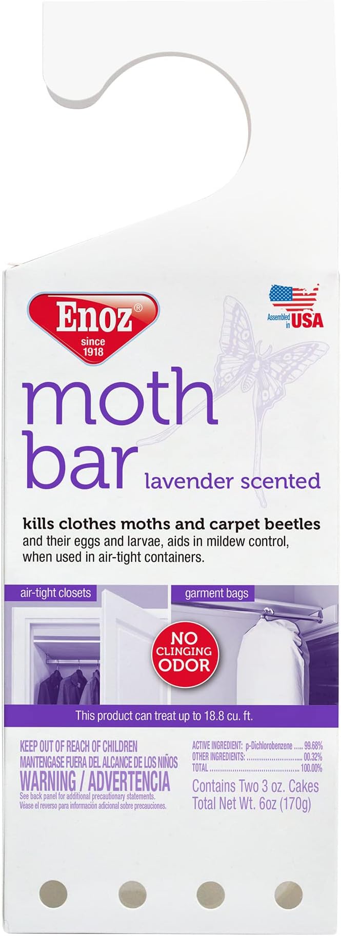 Enoz Lavender Scented Moth Bar, Kills Clothes Moths, Carpet Beetles, Eggs and Larvae, 6 oz Bar (Pack of 6)