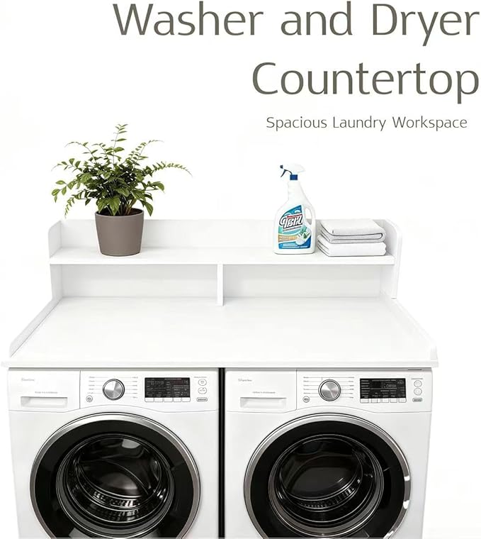 NAT Maya 2-Tier Washer and Dryer Countertop, 54" W x 27.6" D Laundry Room Organization,Washer Dryer Topper Storage for Folding Clothes Over Washer and Dryer-White