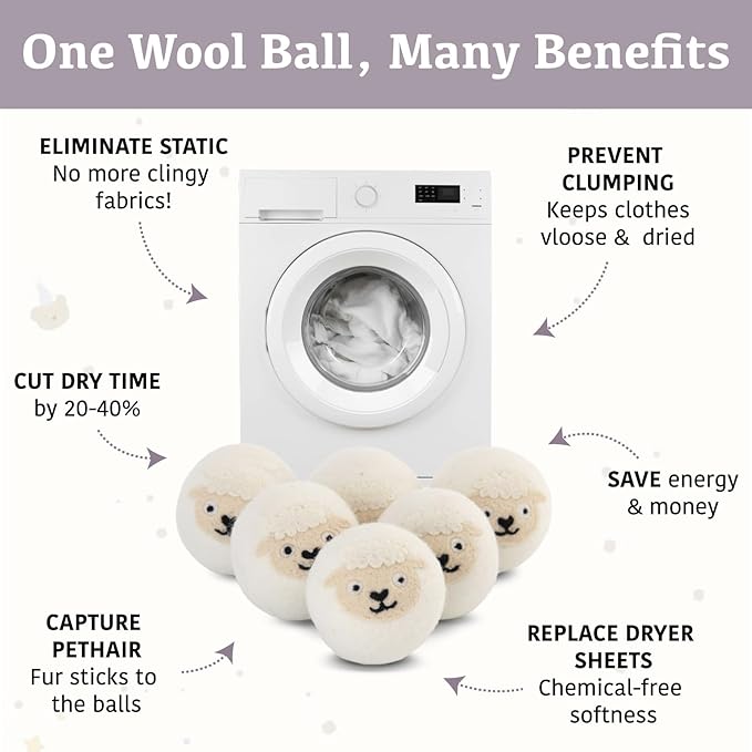 Wool Dryer Balls XL 6-Pack with Felt Box - 100% Pure Wool, Eco-Friendly Fabric Softener, Reduces Wrinkles & Drying Time, Anti-Static, Hypoallergenic, Reusable for 1000+ Loads (White Sheep)