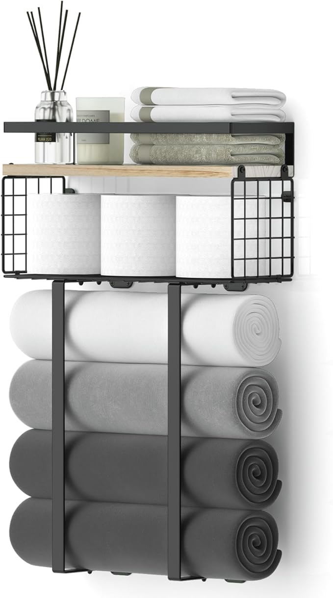 Xstydes Towel Racks for Bathroom, Metal Towel Holder with Storage Basket,Wall Towel Rack for Rolled Towels, Towel Storage for Small Bathroom.