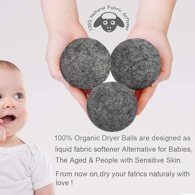 Budieggs Wool Dryer Balls Dark Grey XL 6-Pack, 100% New Zealand Organic Fabric Softener for 1000+ Loads, Baby Safe & Hypoallergenic, Reduce Wrinkles & Shorten Drying Time Naturally (6pcs Grey-XL)