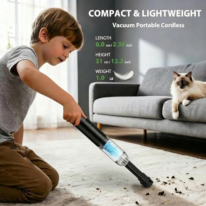 QQT Portable Cordless Handheld Vacuum Cleaner,8000/10000Pa Strong Suction,4-in-1 Mini Vacuum with 2 Modes,Practical and Detachable Nozzles,Lightweight for Home,Office, Car,Pet Hair Cleaning,Black