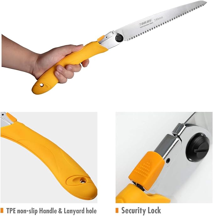 Toolux Folding Saw,9.45 Inch Hand Saws for Wood Camping, Large Dry Wood Pruning Saws With Hard Teeth, Quality SK-5 Steel Compact Design with Non-Slip Ergonomic Handle for Outdoor Use,9.45Inch-Yellow