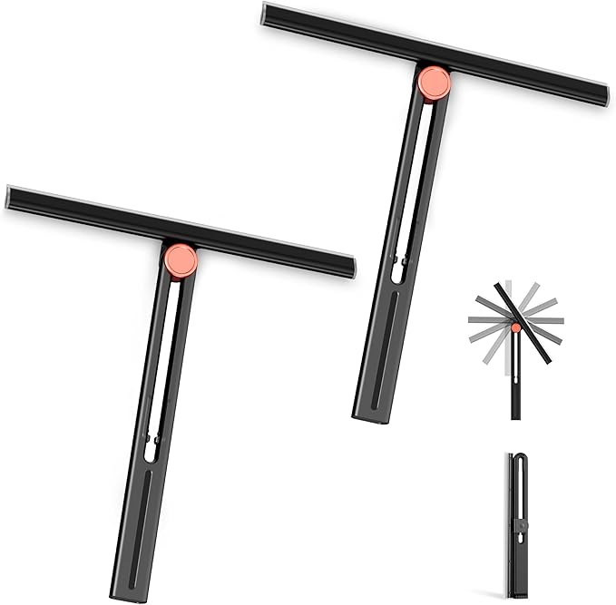 Upgraded Shower Squeegee for Glass Doors with 2 Pack Multi-Purpose 360° Rotating Window Squeegees for Walls Wiper, Car Windshield, Tile, Mirrors and Kitchen