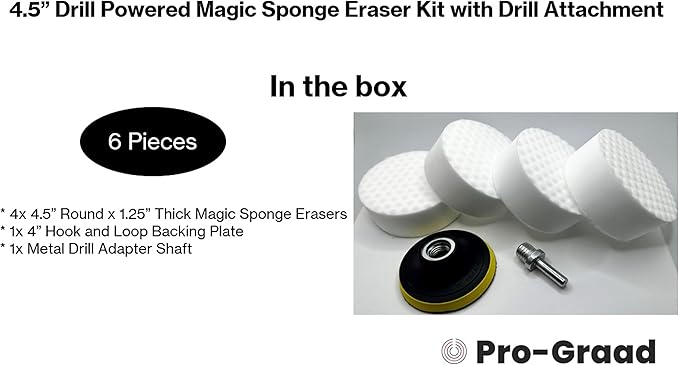 4.5” Drill Powered Magic Sponge Eraser 6 Pieces Kit with Drill Attachment | 25% Thicker Ultra Durable Melamine Cleaning Eraser Pads for Bathroom Kitchen Floors Walls Baseboards Crayon Marker and More