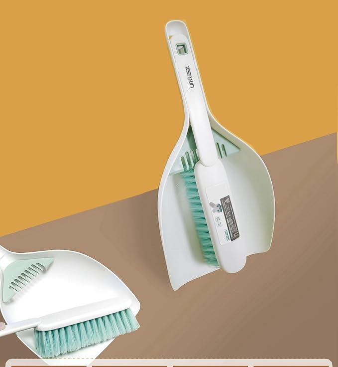 Small Hand Broom and Dustpan Set, Thick Stiff Brush Bristle, Little Dust Pan with Lint Removal Teeth,11", Portable, Compact