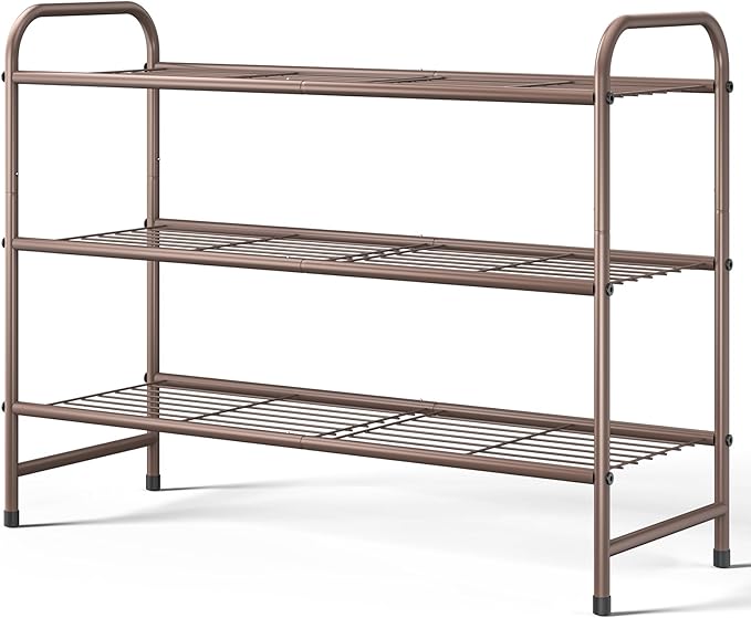 Kitsure Shoe Rack - Stainless Steel Shoe Organizer, Sturdy Shoe Rack for Closet and Front Door Entrance, Free Standing Shoe Shelf, Closet Organizers and Storage, 25.6" Wide - 3 Tier, Brown