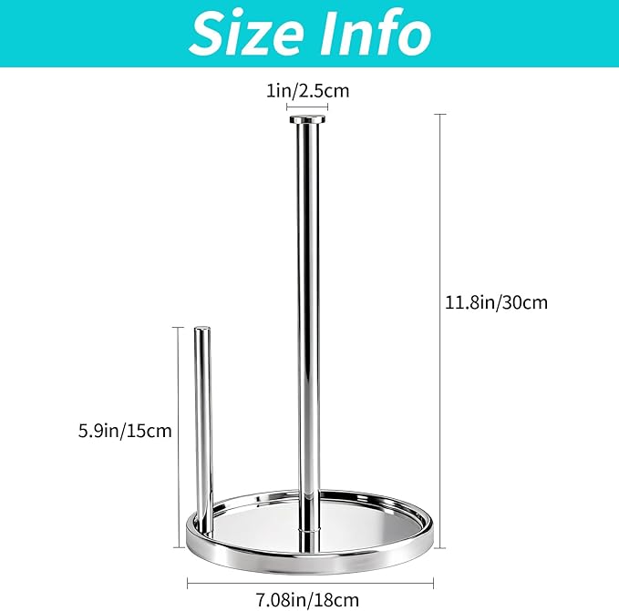 Paper Towel Holder Countertop, Standing Paper Roll Holder with Anti Slip Weighted Base, Stainless Steel Freestanding Paper Towel Holder for Kitchen, Chrome