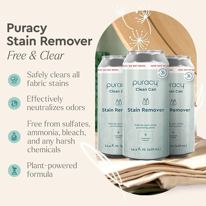 Puracy Clean Can Laundry Stain Remover - Fabric Stain Remover for Clothes Laundry - Stain Treater - Active Enzyme Laundry Stain Remover Spray - Spot Remover for Clothes (3 Pack Refill, Free & Clear)