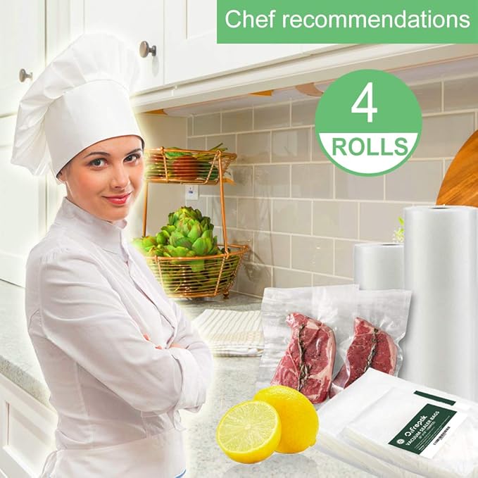 O2frepak 4Pack (Total 200Feet) 11x50 Rolls Vacuum Sealer Bags Rolls with BPA Free,Heavy Duty Vacuum Sealer Storage Bags Rolls,Cut to Size Roll,Great for Sous Vide
