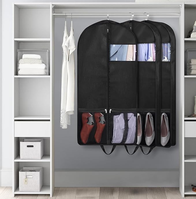 KIMBORA 43" Suit Bags for Closet Storage and Travel, Gusseted Mesh Hanging Garment Bags for Men Suit Cover With Handle for Clothes, Coats, Jackets, Shirts（3 Packs，Black）