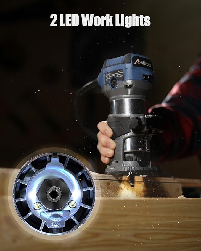 AVID POWER 6.5 Amp 1.25 HP Compact Router Tools for Woodworking, Fixed Base Wood Router with Trim Router Bits, 6 Variable Speeds, Edge Guide, Roller Guide, Dust Hood (Blue, 65mm)