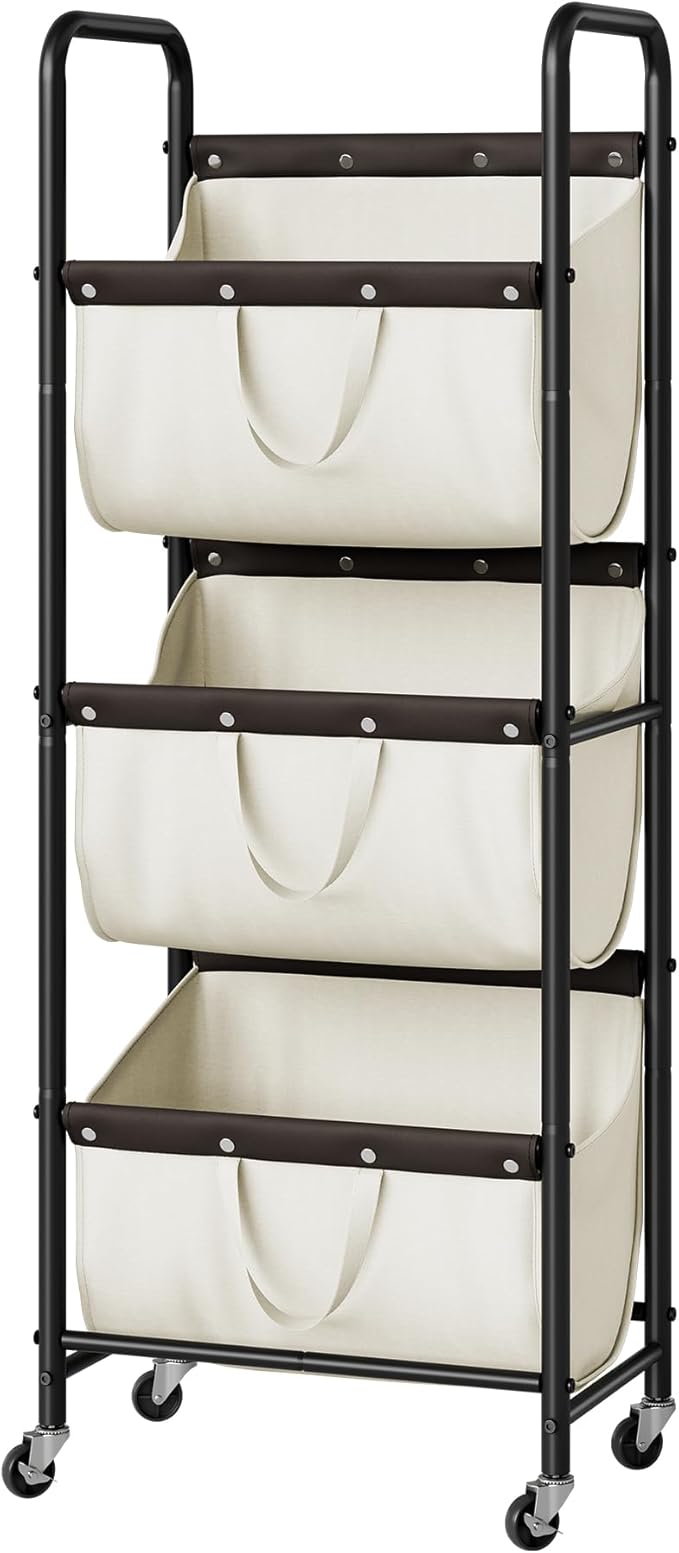 GRANNY SAYS 3 Tier Laundry Sorter, Laundry Basket with Wheels, Laundry Room Organization and Storage, 3 Section Rolling Laundry Cart for Dorm, Bathroom, Bedroom, Closet, Beige