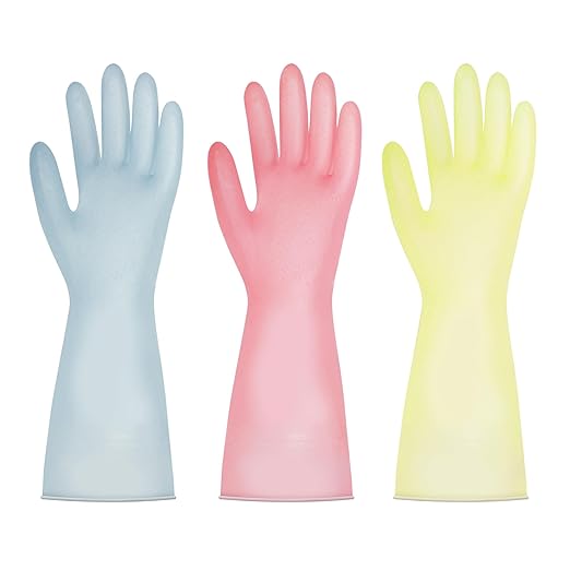 BOOMJOY PVC Cleaning Gloves, Heavy Duty Dishwashing Gloves, Reusable Medium Gloves for Kitchen, Bathroom, Gardening, Working, Pet Care - Pink & Blue & Yellow, 3 Pairs, Size M