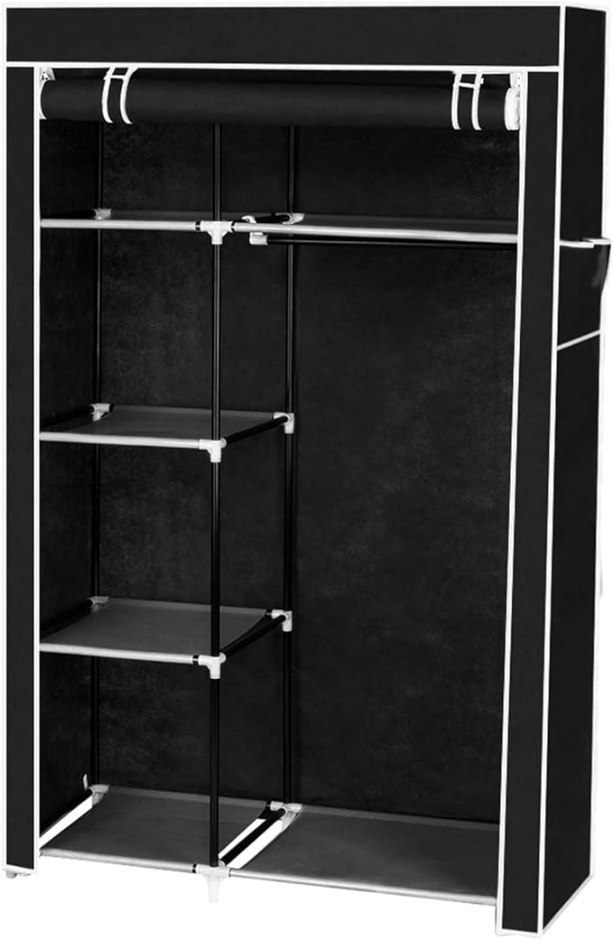 Portable Closet Wardrobe, Closet Storage Organizer Rack with Shelves and Cover for Hanging Clothes, Non-Woven Fabric, Quick and Easy to Assembly (64'', Black)