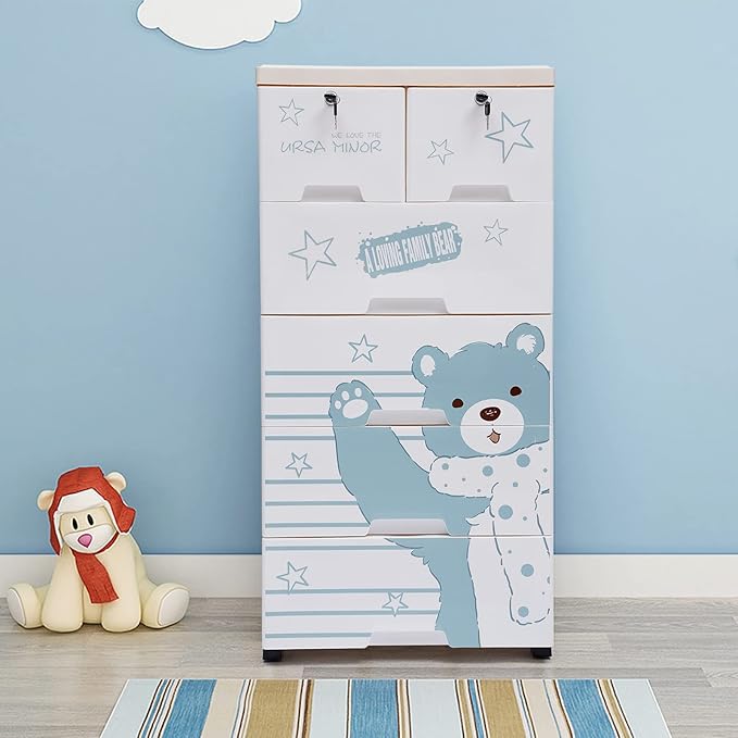 6 Drawer Plastic Storage Tower Cabinet, 5 Layers Polar Bear Closet with 5 Wheels, Closet Drawers Tall Dresser Organizer for Clothes Playroom Bedroom Furniture, Multi-Color
