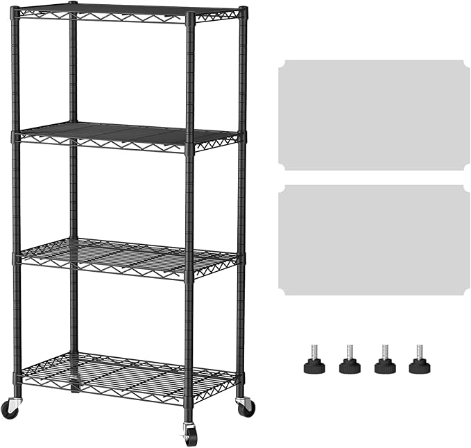 SINGAYE 4 Shelf Storage Wire Shelves Closet Bathroom Organizers Metal Pantry Kitchen Garage Shelving Unit Laundry Room Organization Home Narrow Rack Net Basket with Wheels Black
