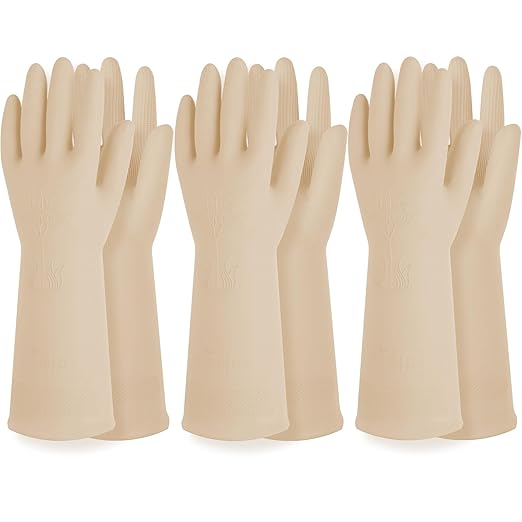 Reusable Waterproof Household Dishwashing Cleaning Rubber Gloves, Non-Slip Kitchen Glove (Ivory, Small (Pack of 3))