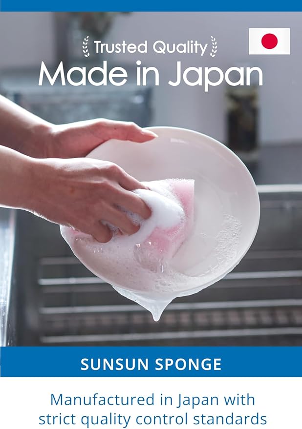 SunSun Sponge Kitchen Sponges, Made in Japan All Surface Scratch-Free Odor Resistant Durable Long-Lasting Sponge for Dishwashing, Monochrome, 4 Count