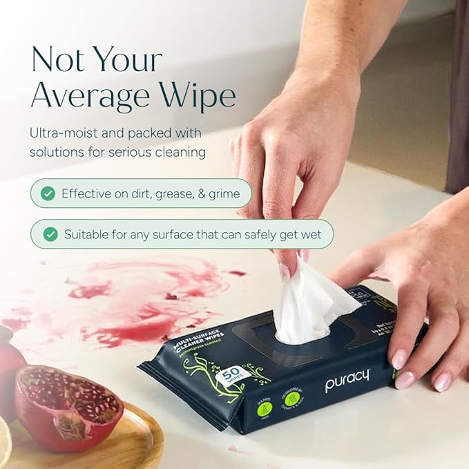 Puracy Multi-Surface Cleaning Wipes – Non Toxic Multi Surface Cleaner for Grease & Grime, All Purpose Appliance Wipes, Lemongrass Scent (10.8 oz, 1 Pack, 50 Count)
