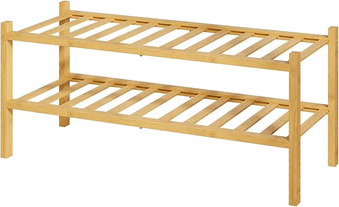 Kitsure Bamboo Wooden Shoe Rack for Closet - Stackable Shoe Organizer with Modular Structure, Space-Saving Shoe Shelf for Entryway, Living Room, Bedroom, 26.8" Wide - 2 Tiers, Natural