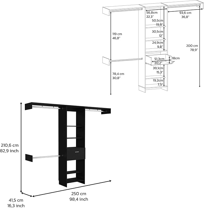 Black Storage Rack One Drawer Three Metal Rods Five Open Shelves for Home Organization