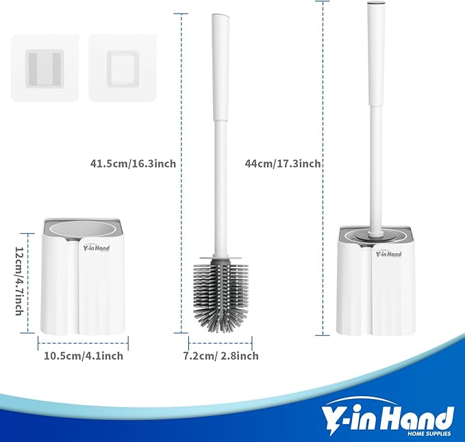 2 Pack Silicone Toilet Brush, Soft Toilet Bowl Cleaner Brush Set for Deep Cleaning. Bathroom Accessories with Long Handle, Wall mountable. - White