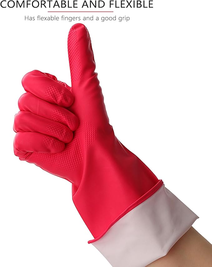 3 Pairs Rubber Cleaning Gloves Latex Free Dishwashing Gloves - 13" Reusable Nitrile Gloves Large, Orange+Pink+Red